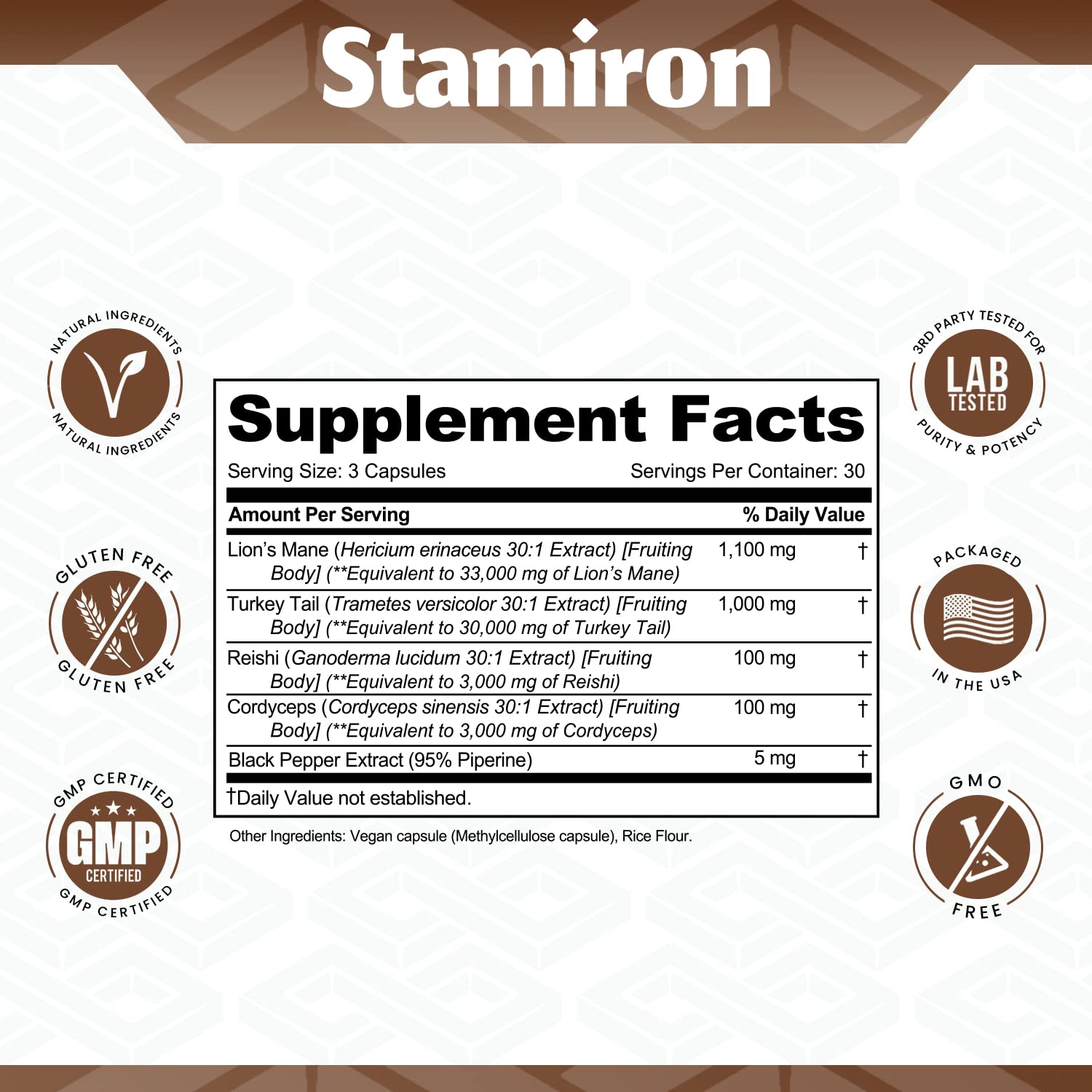 Stamiron MegaMushi Lion's Mane Supplement bottle with label