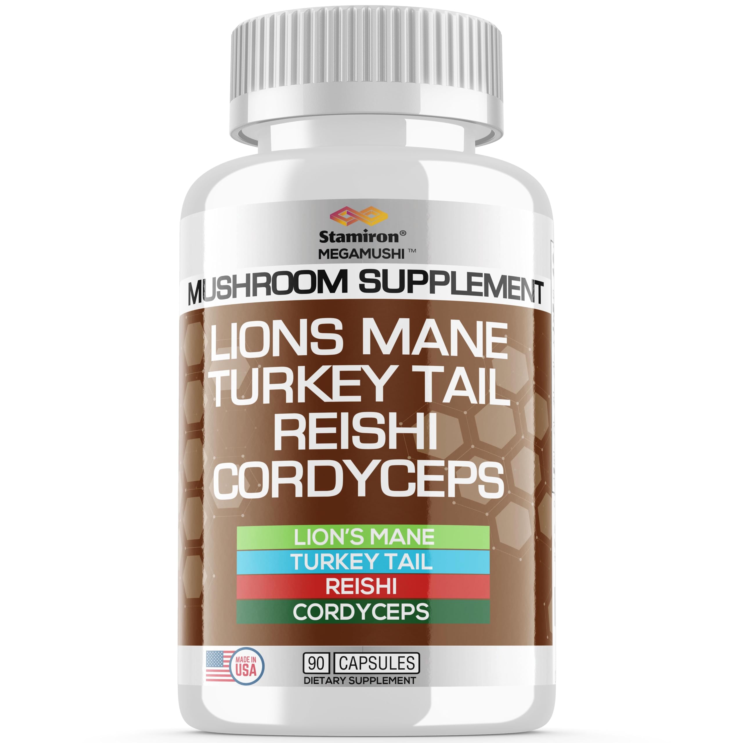 Stamiron MegaMushi Lion's Mane Supplement front view with 90 capsules