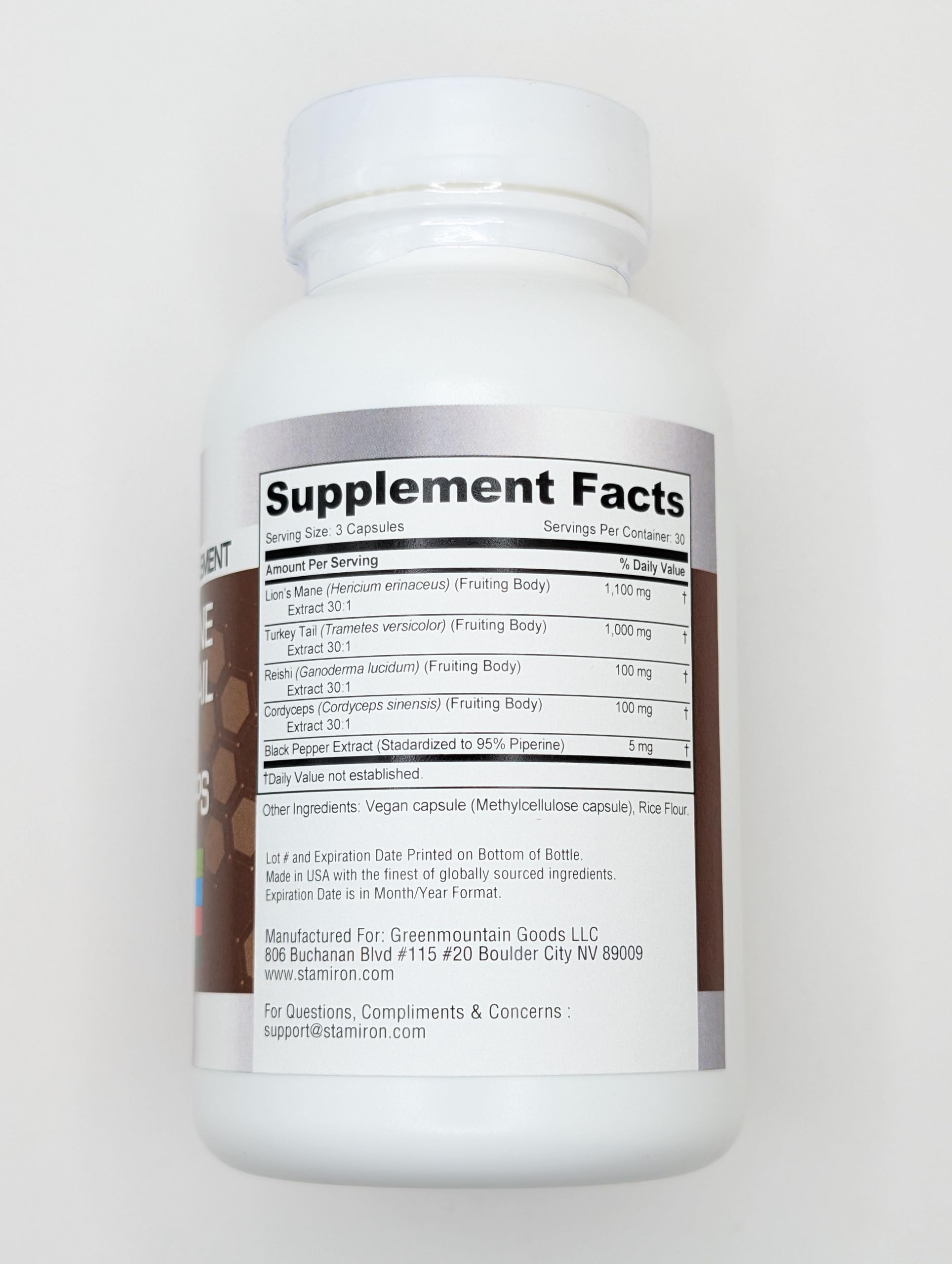 Stamiron MegaMushi Lion's Mane Supplement packaging details