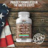 Stamiron MegaMushi Lion's Mane Supplement with mushrooms background