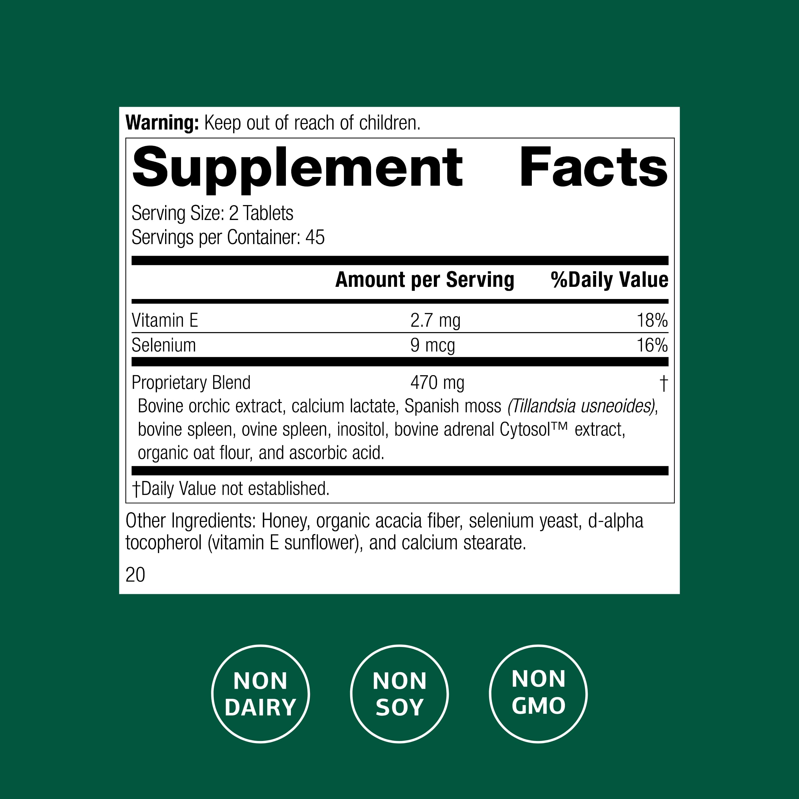 Standard Process Cataplex E2 Selenium Supplement 90 Tablets side view