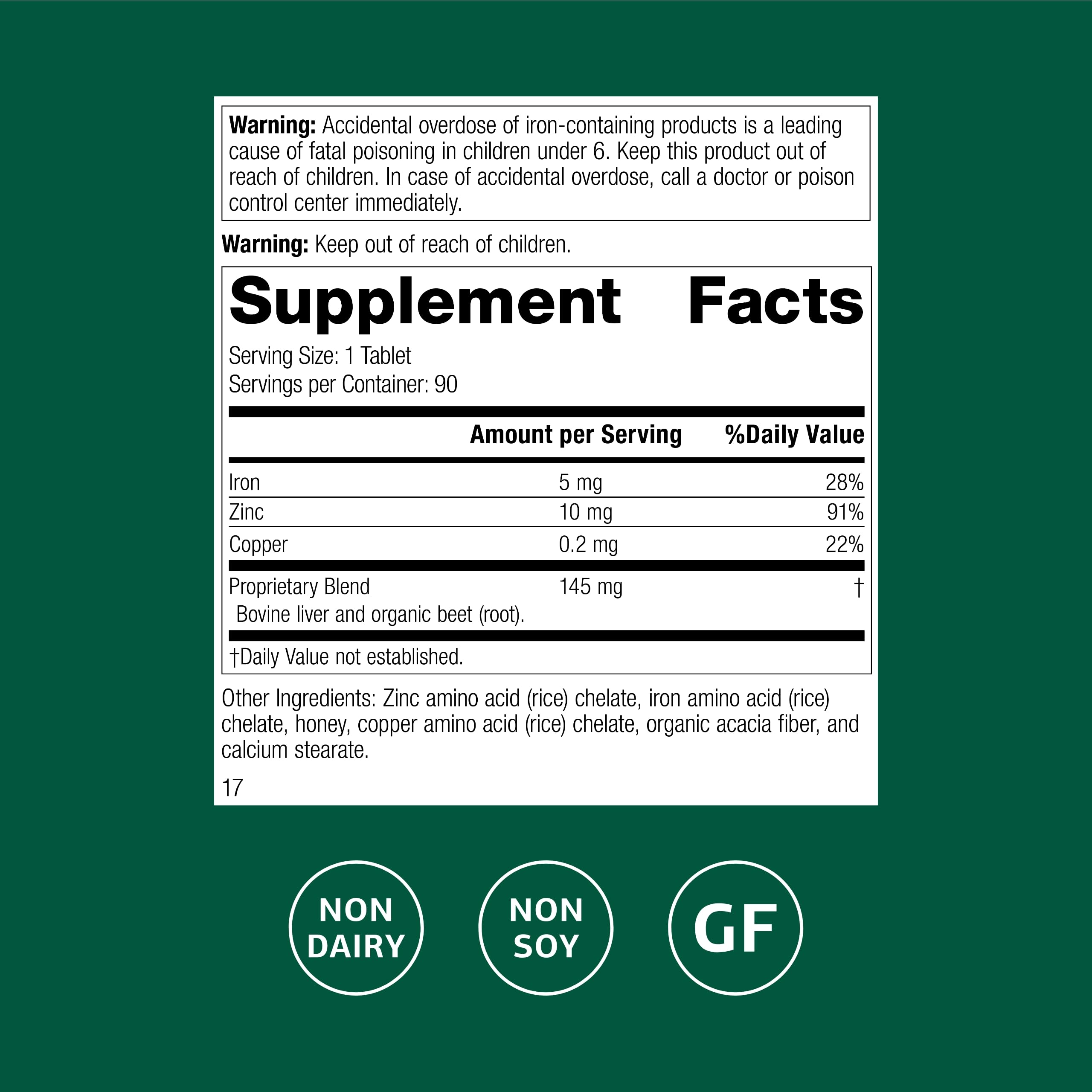 Standard Process Zinc Complex Supplement back view with ingredients