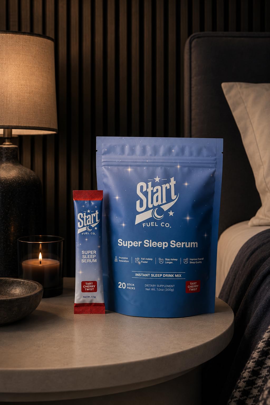 Start Fuel Co. Super Sleep Serum Tart Cherry Twist on a table