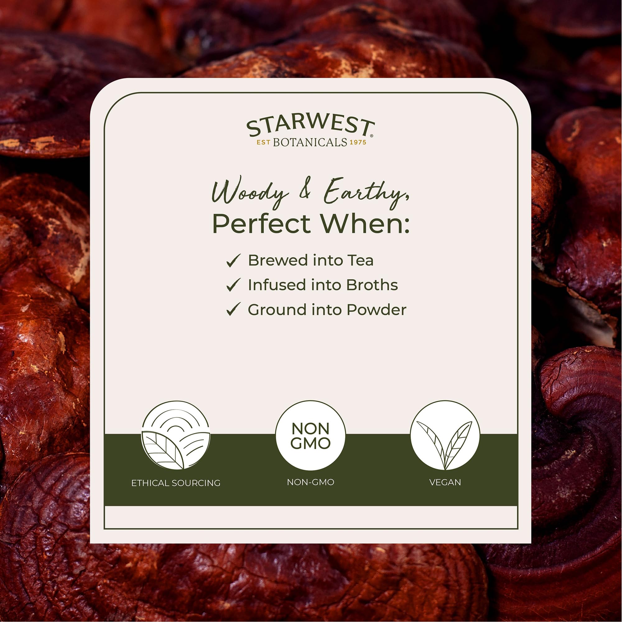 Starwest Botanicals Dried Red Reishi Mushrooms close-up of mushrooms