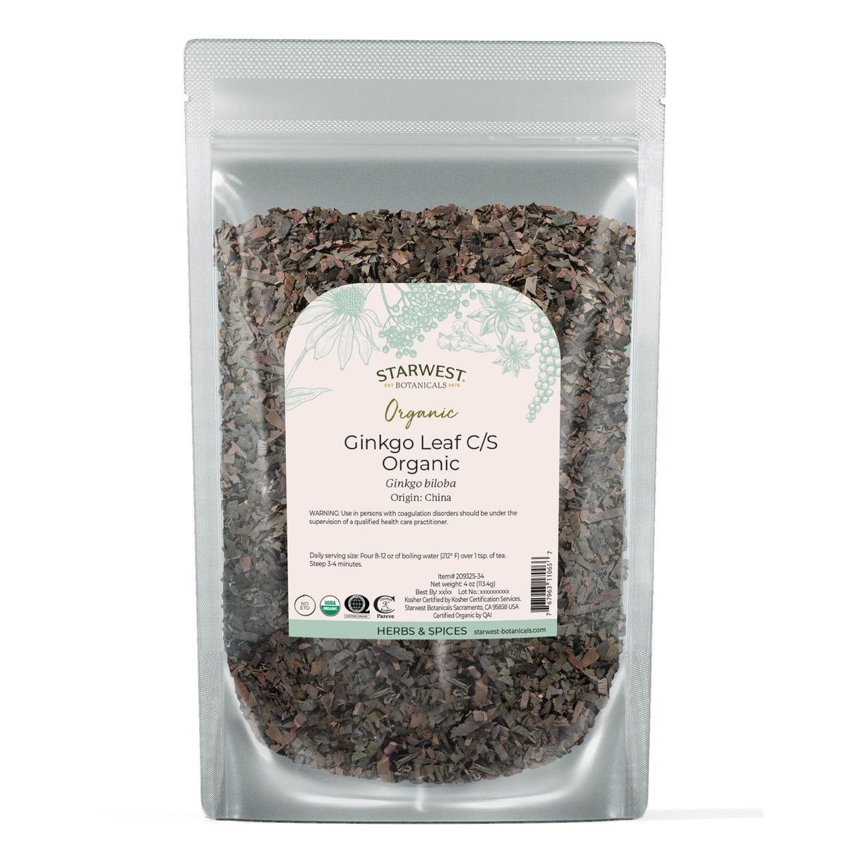 Starwest Botanicals Ginkgo Biloba Leaf 100g front view