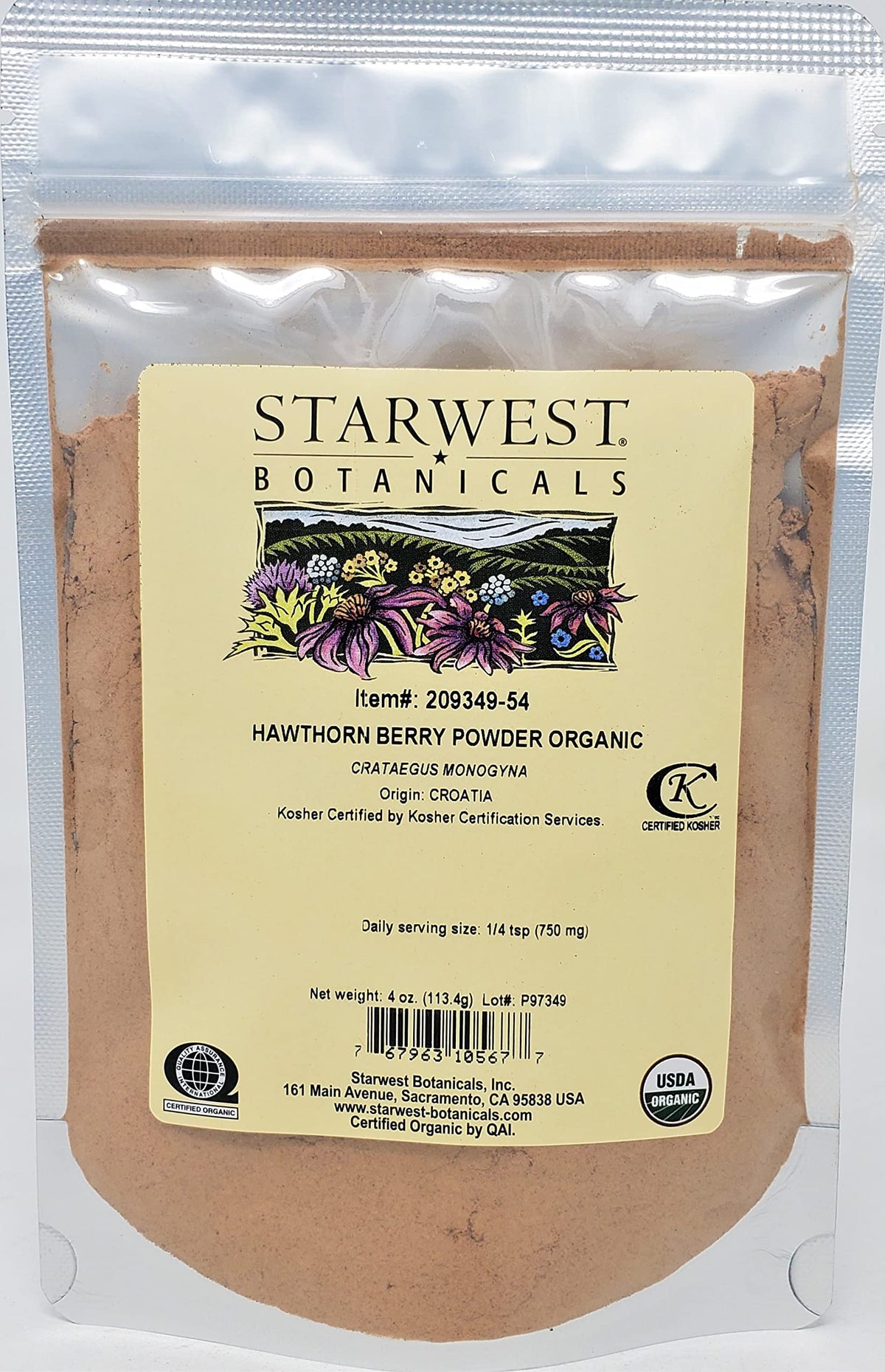Starwest Botanicals Hawthorn Berry 113g organic supplement packaging