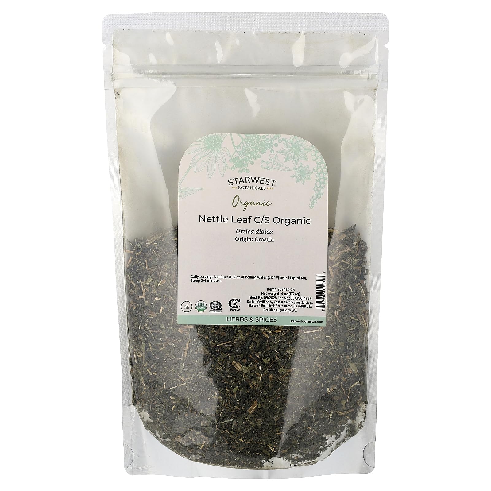 Starwest Botanicals Nettle Leaf 100g back view with nutritional information
