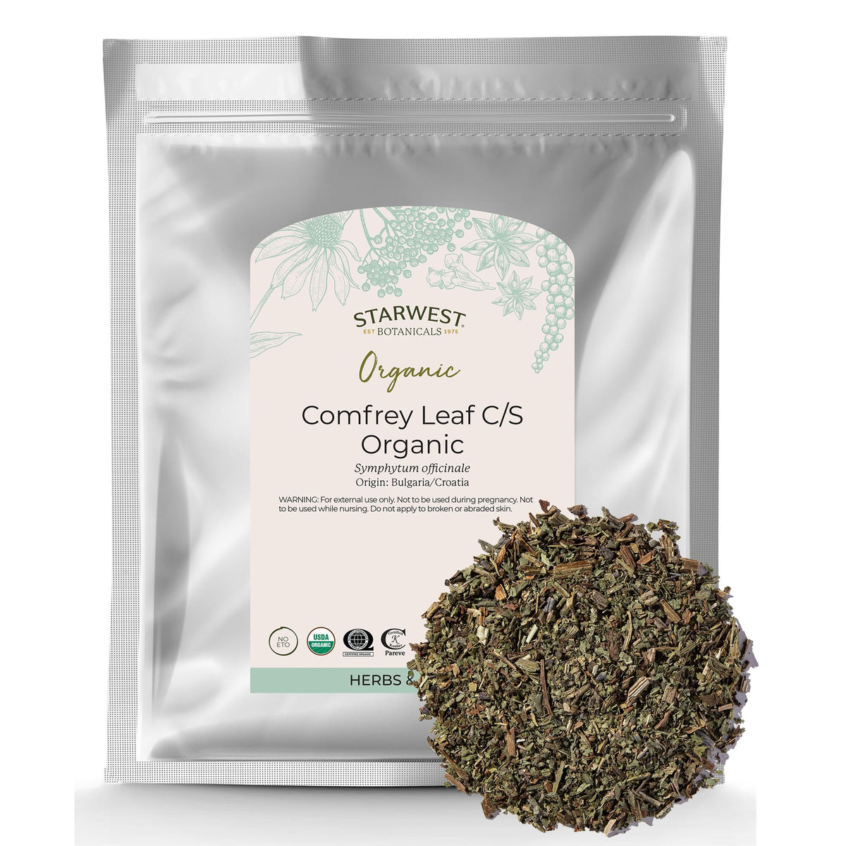 Starwest Botanicals Organic Comfrey Leaf Cut and Sifted 454g front view