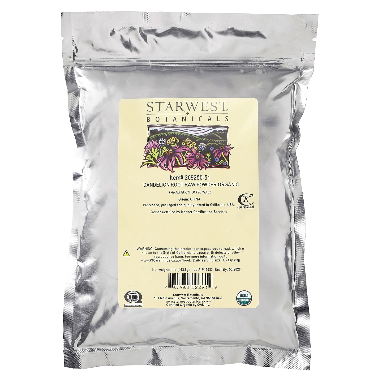 Starwest Botanicals Organic Dandelion Root Raw Powder back view packaging with ingredient details