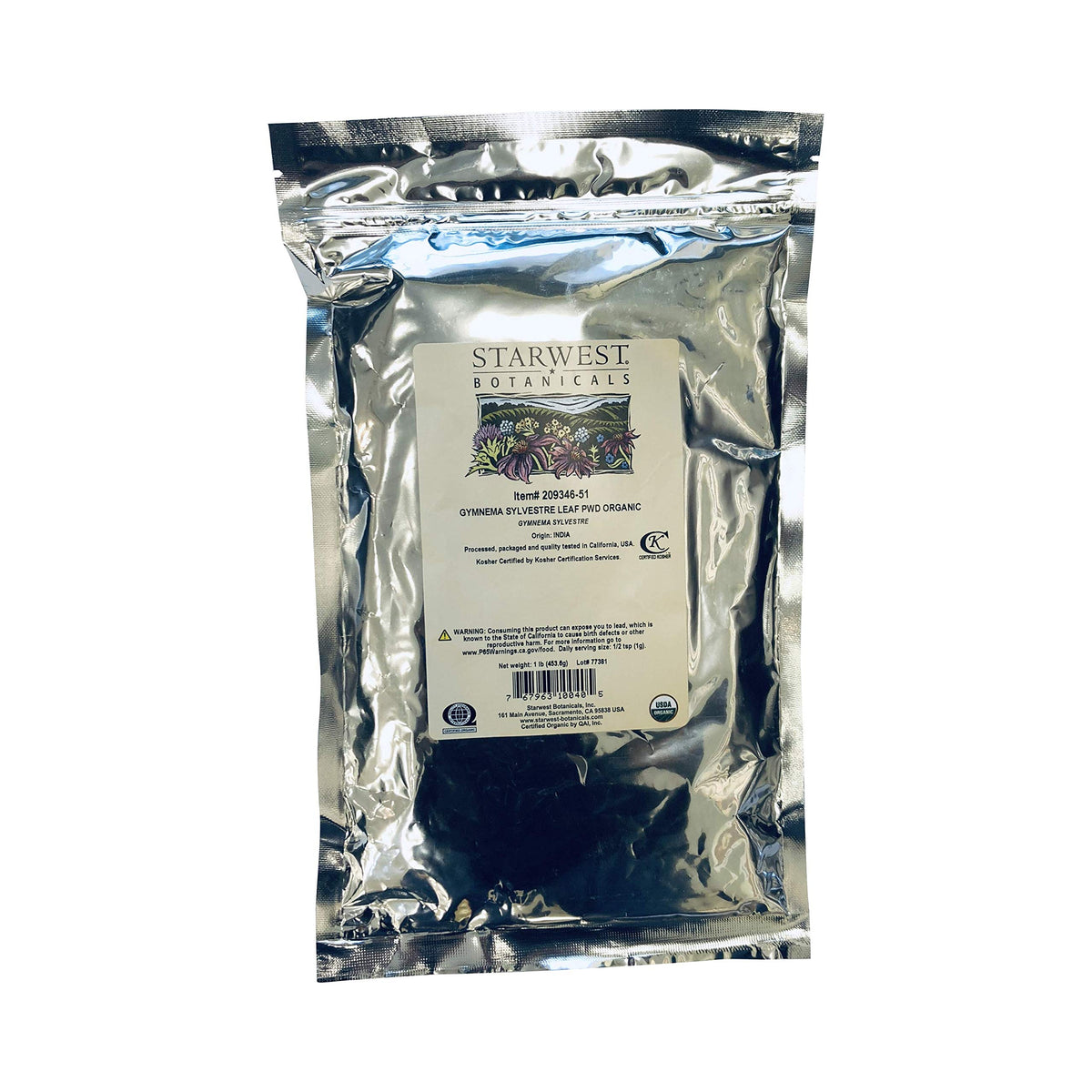 Starwest Botanicals Organic Gymnema Sylvestre Leaf Powder 454g front view in resealable bag