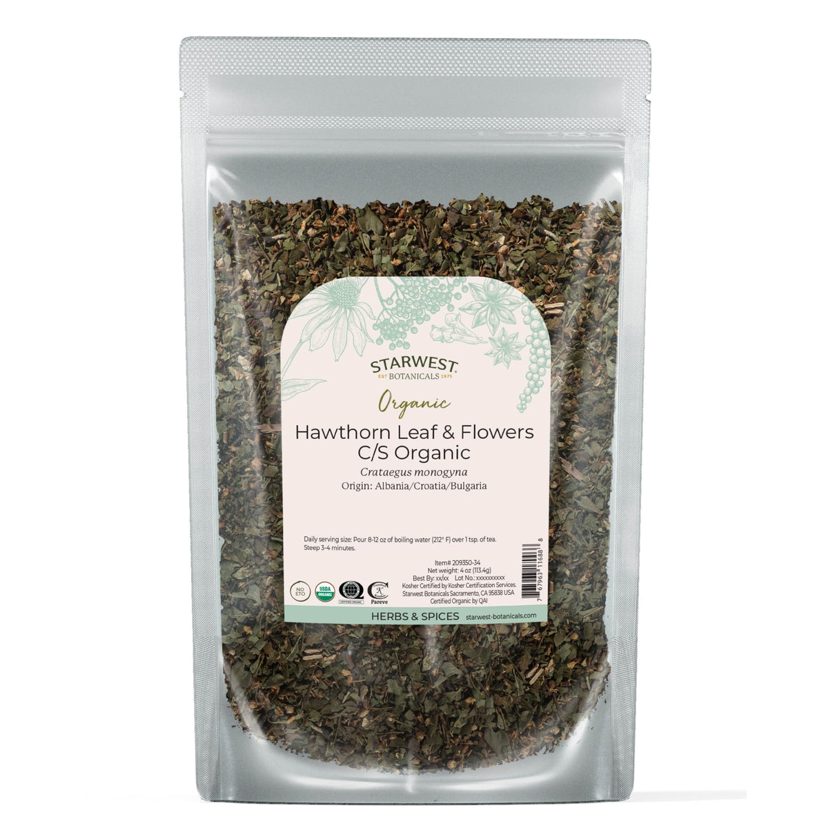 Starwest Botanicals Organic Hawthorn Leaf and Flower 113g front view