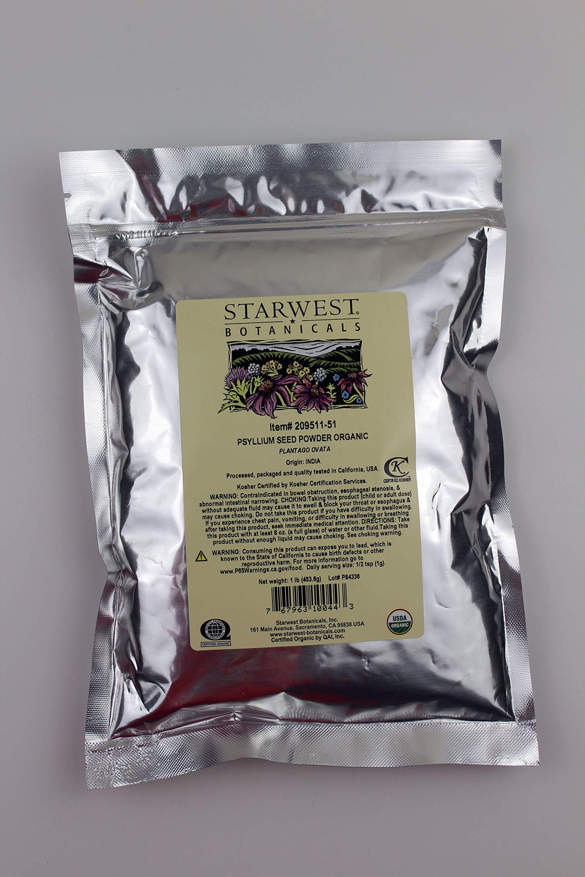 Starwest Botanicals Organic Psyllium Seed Powder 454g front view