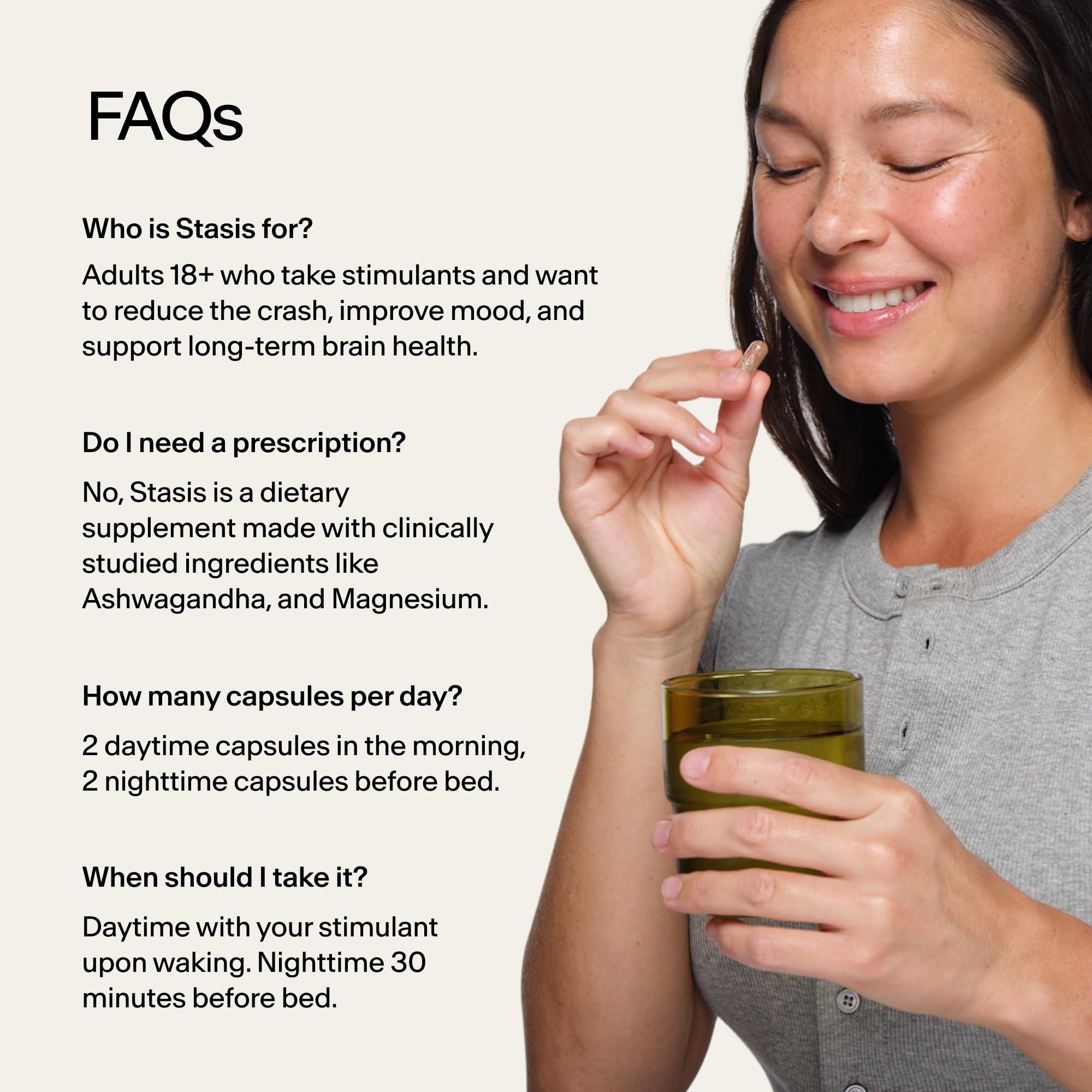 STASIS Nighttime Supplement bottle with a nightstand background
