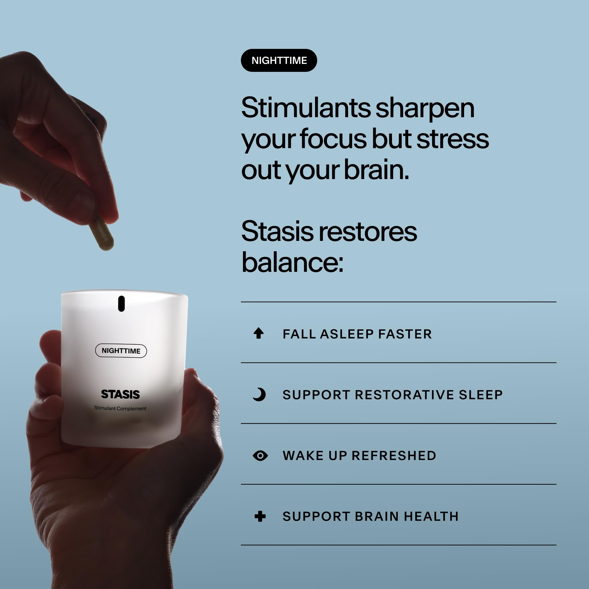 STASIS Nighttime Supplement side view showing capsule size