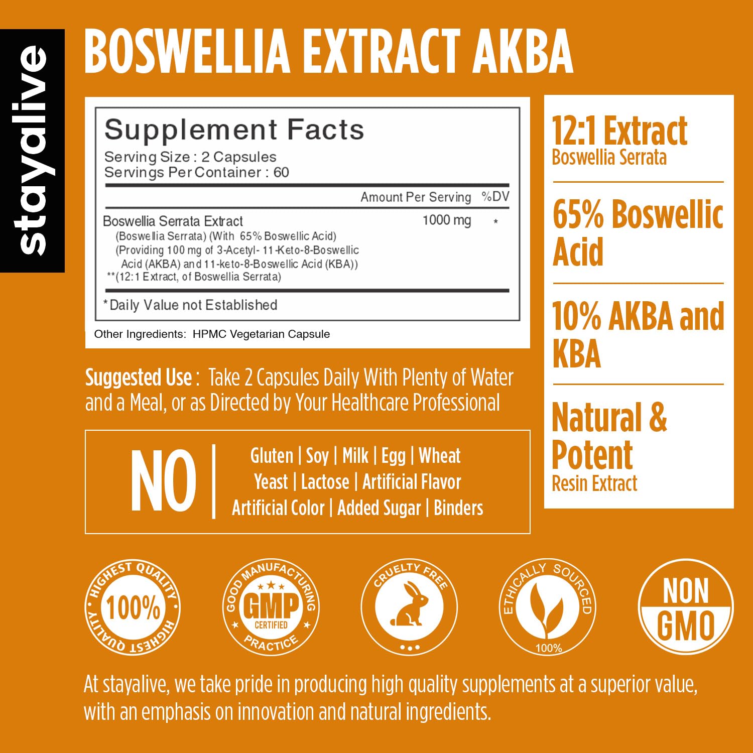 STAY ALIVE Boswellia Serrata Capsules side view showing label
