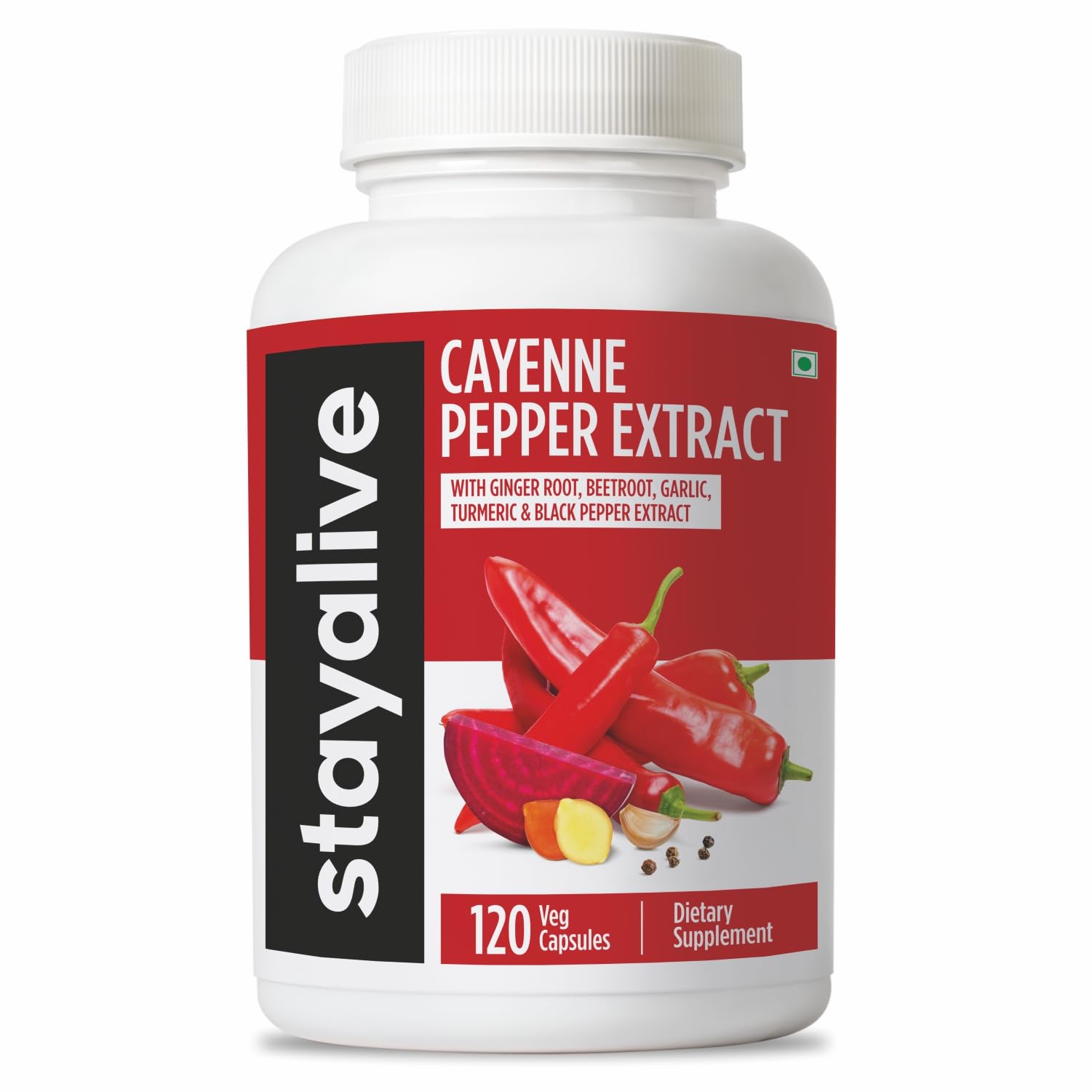 STAY ALIVE Cayenne Pepper Capsules 120 Count front view