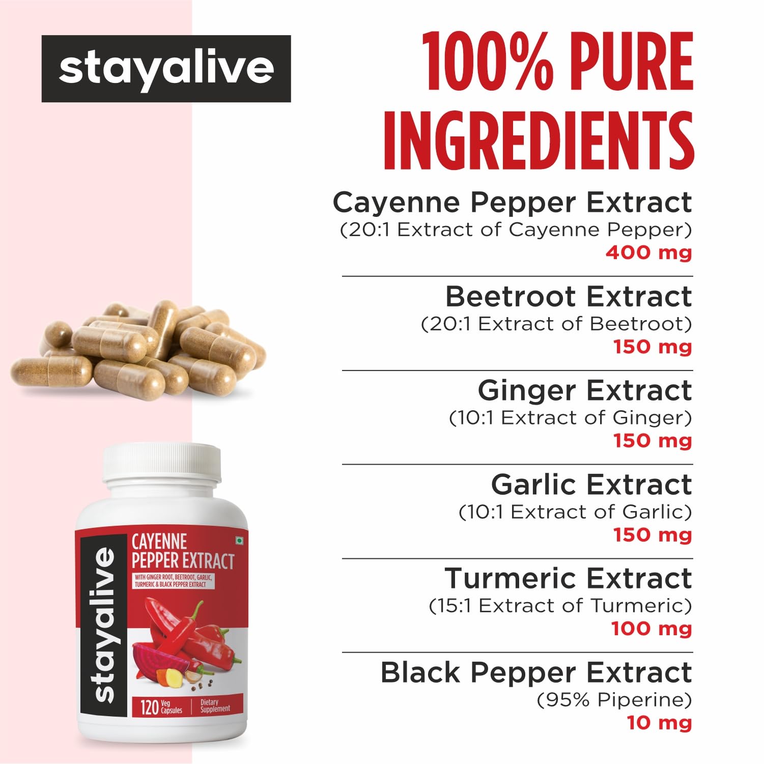 STAY ALIVE Cayenne Pepper Capsules bottle with cap open