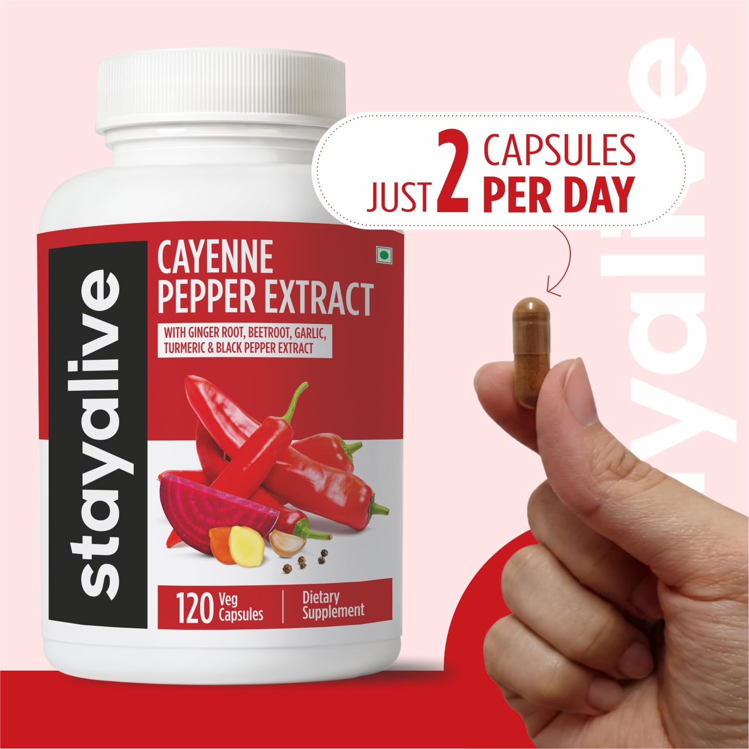 STAY ALIVE Cayenne Pepper Capsules displayed with fresh cayenne peppers