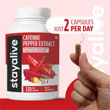 STAY ALIVE Cayenne Pepper Capsules displayed with fresh cayenne peppers