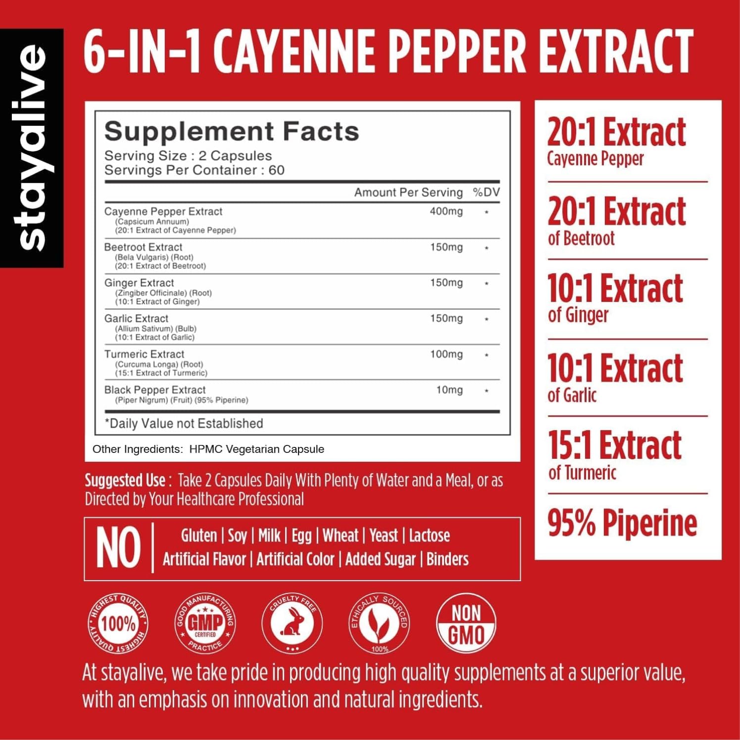 STAY ALIVE Cayenne Pepper Capsules side view showing label