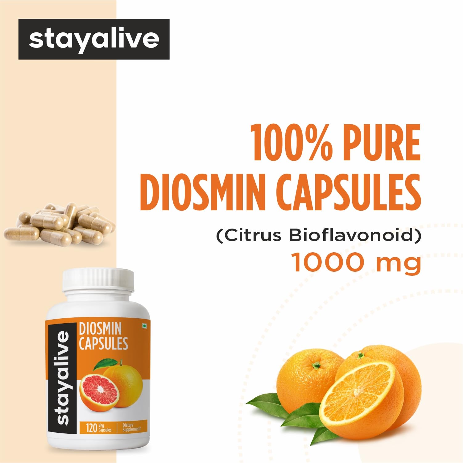 STAY ALIVE Diosmin Complex 1000mg Capsules bottle with label