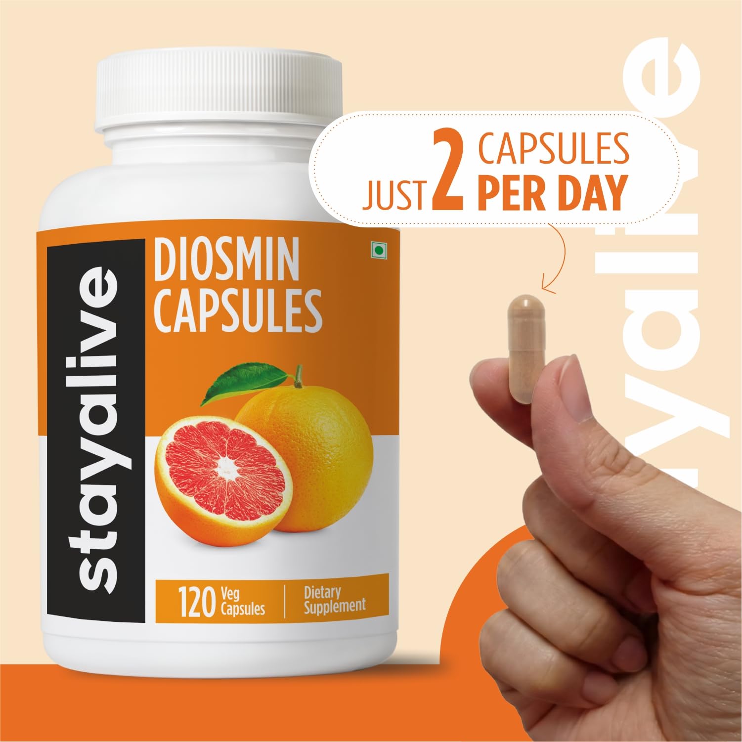 STAY ALIVE Diosmin Complex 1000mg Capsules on a wooden table