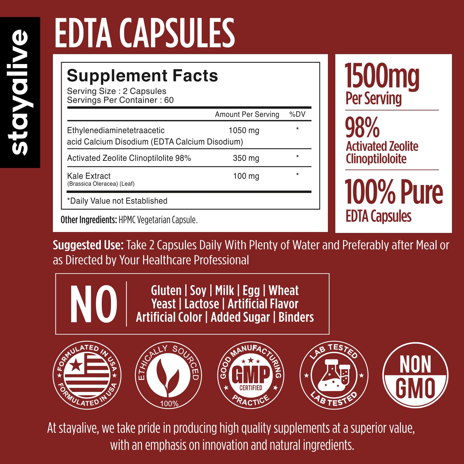 STAY ALIVE EDTA Capsules side view showing ingredients