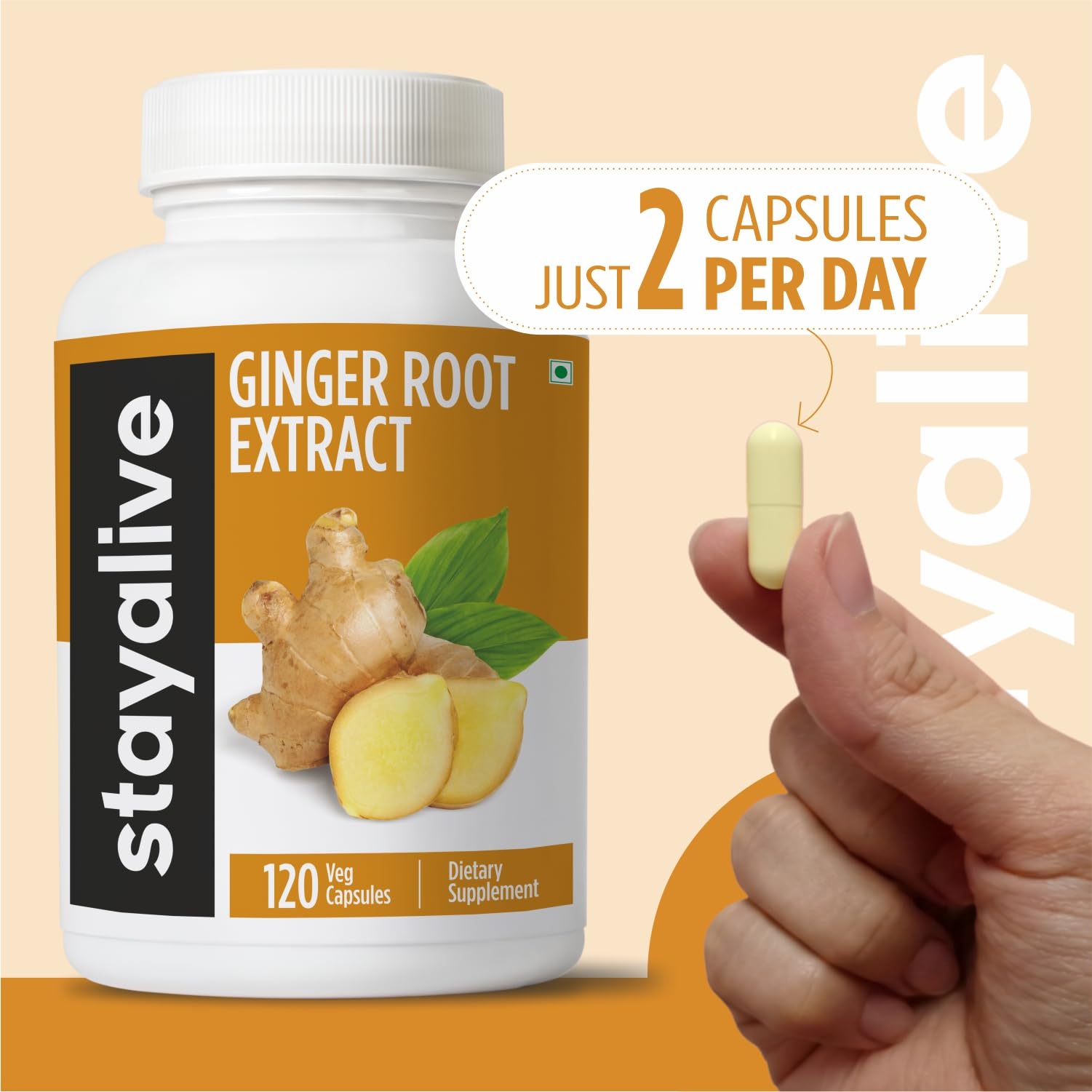 STAY ALIVE Ginger Root Capsules 1000mg bottle with a measuring spoon