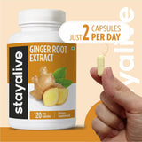 STAY ALIVE Ginger Root Capsules 1000mg bottle with a measuring spoon
