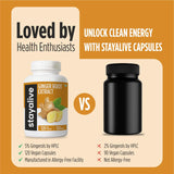 STAY ALIVE Ginger Root Capsules 1000mg bottle with capsules on a wooden surface