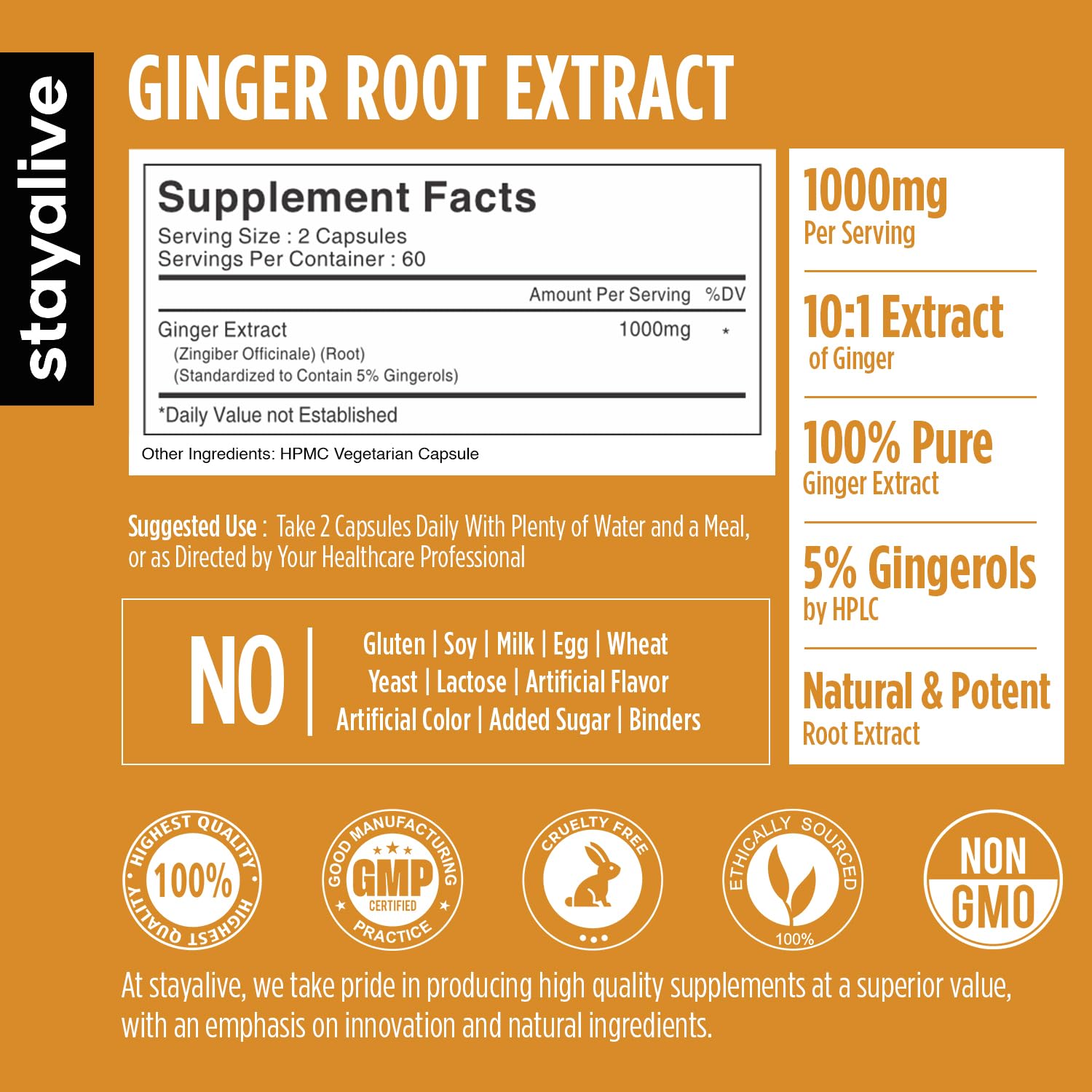 STAY ALIVE Ginger Root Capsules 1000mg side view showing label