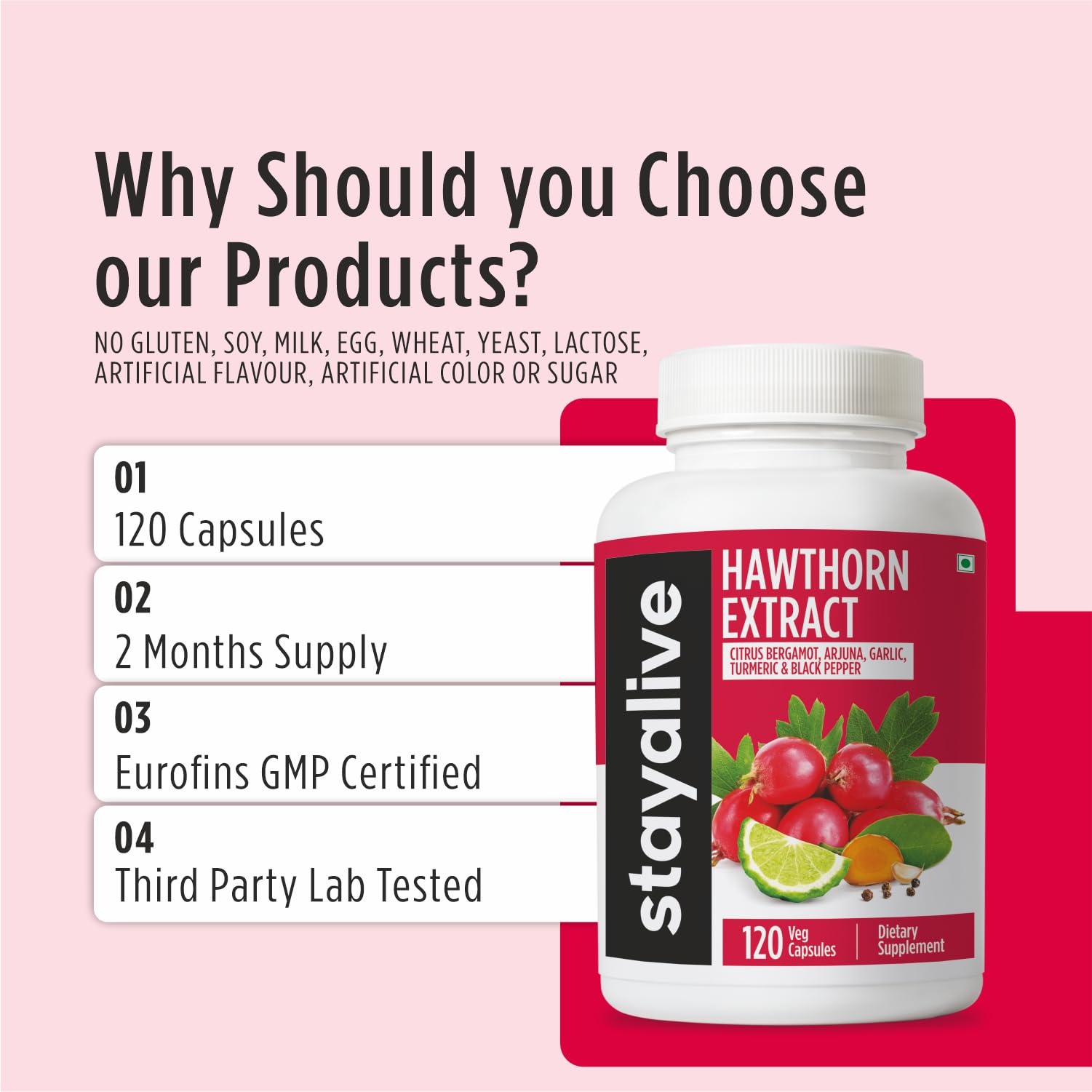 STAY ALIVE Hawthorne Berry Supplement back view of bottle