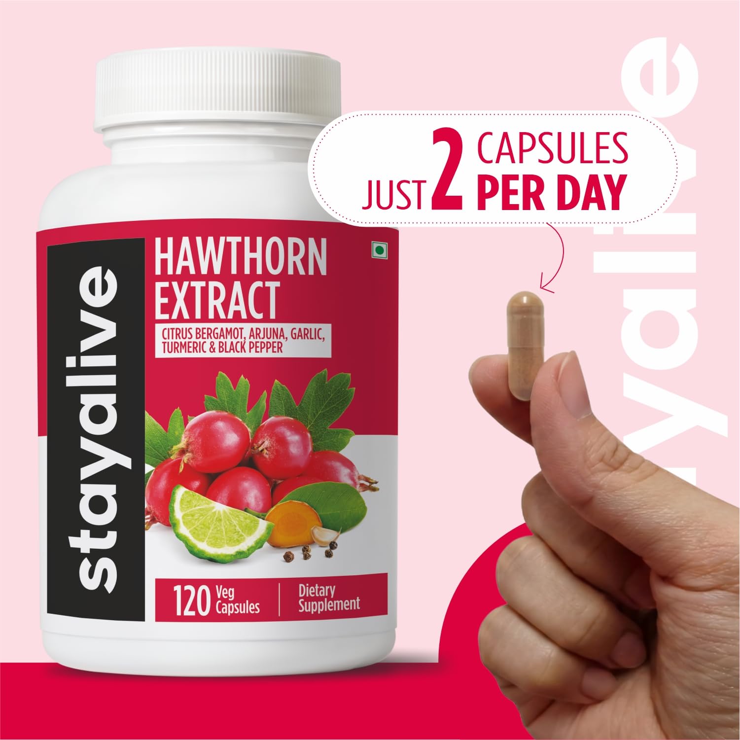 STAY ALIVE Hawthorne Berry Supplement lifestyle scene with fresh herbs