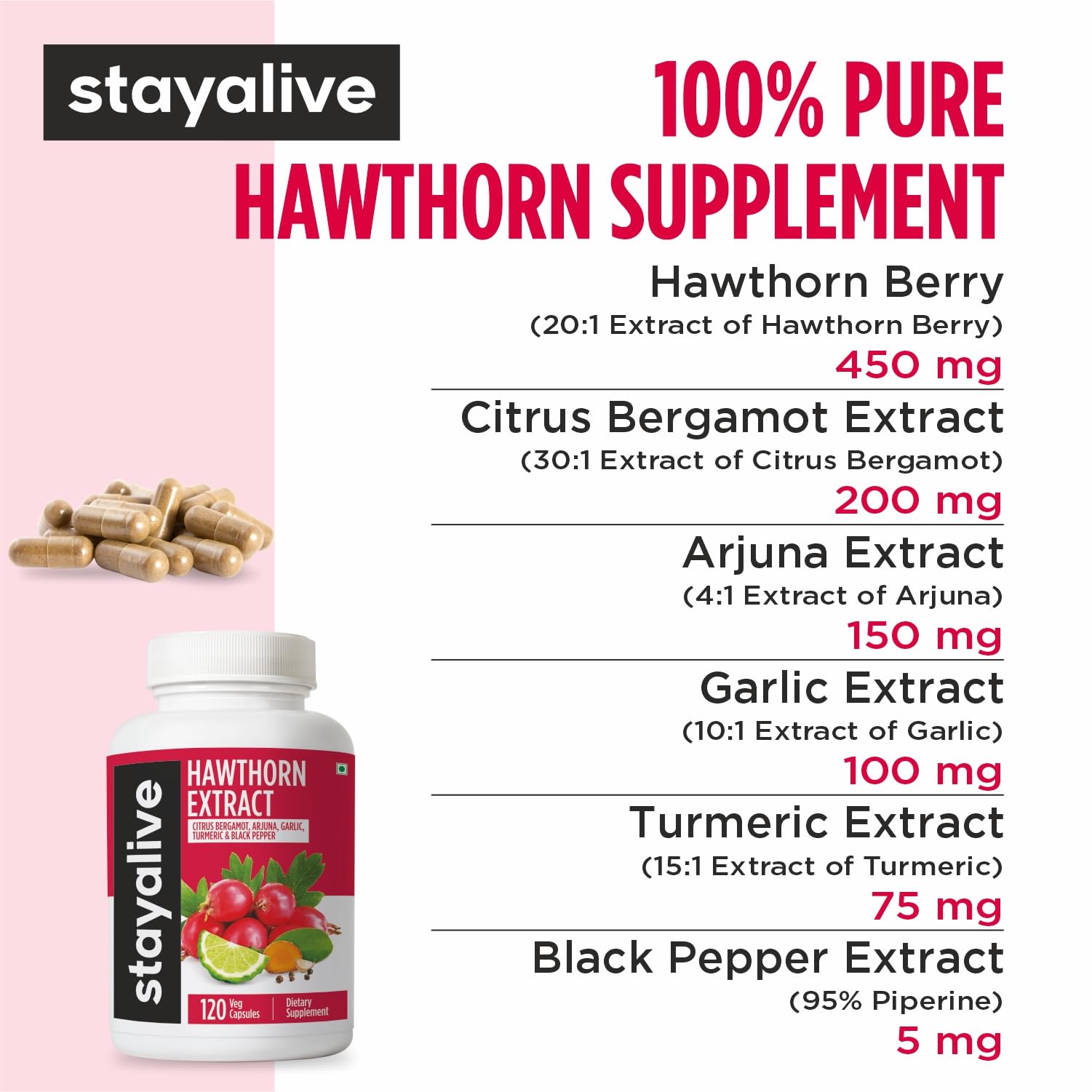STAY ALIVE Hawthorne Berry Supplement side view of bottle