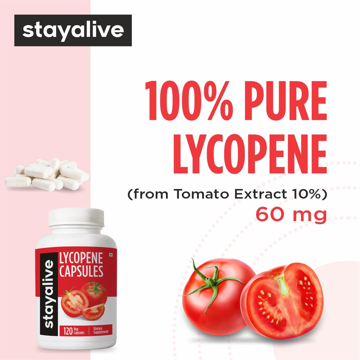 STAY ALIVE Lycopene Capsules label showing ingredients