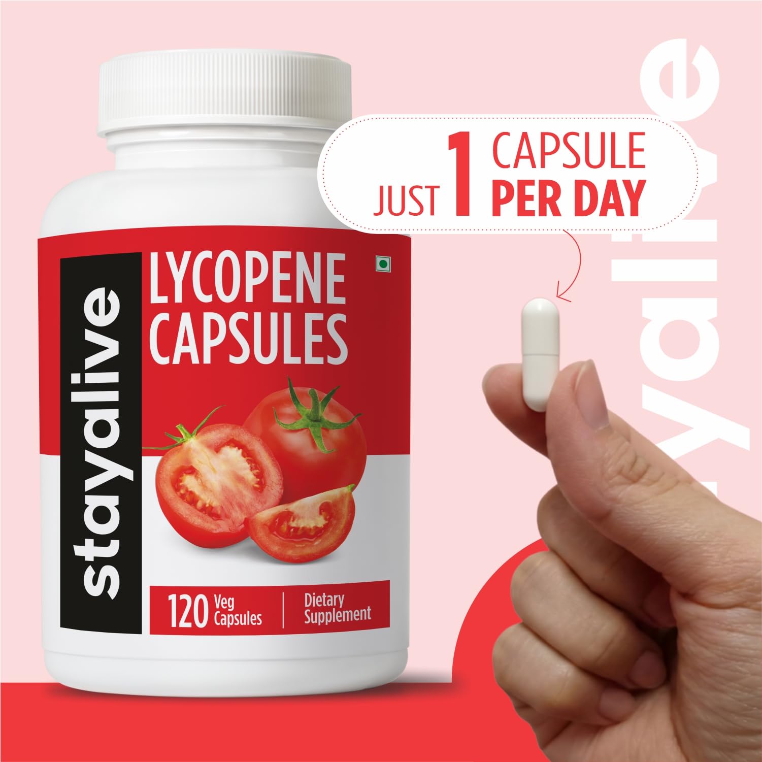 STAY ALIVE Lycopene Capsules showing capsule size