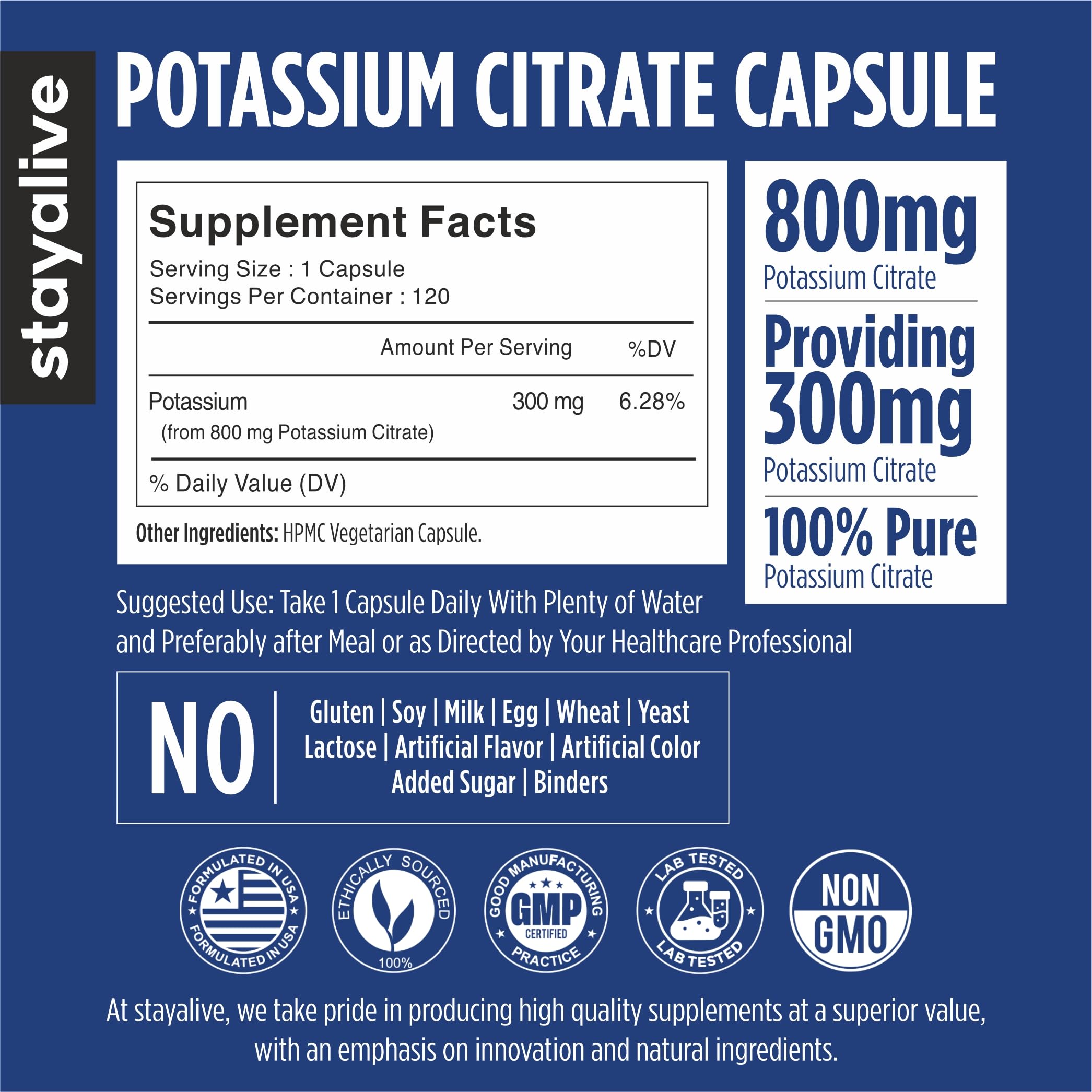 STAY ALIVE Potassium Citrate Supplement 800mg bottle side view