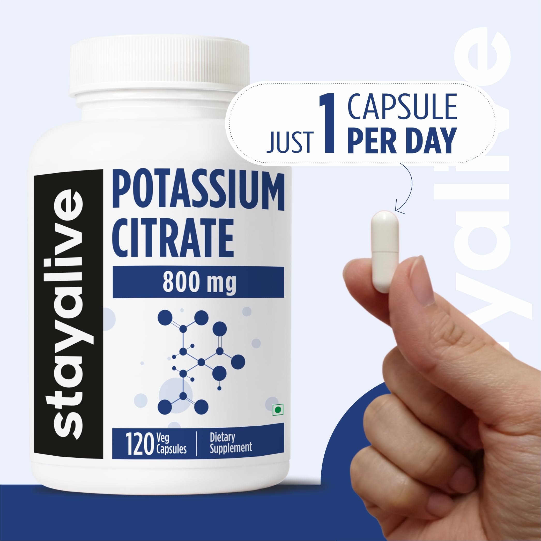 STAY ALIVE Potassium Citrate Supplement 800mg bottle with a green plant background