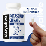 STAY ALIVE Potassium Citrate Supplement 800mg bottle with a green plant background