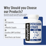 STAY ALIVE Potassium Citrate Supplement 800mg capsules on a wooden table
