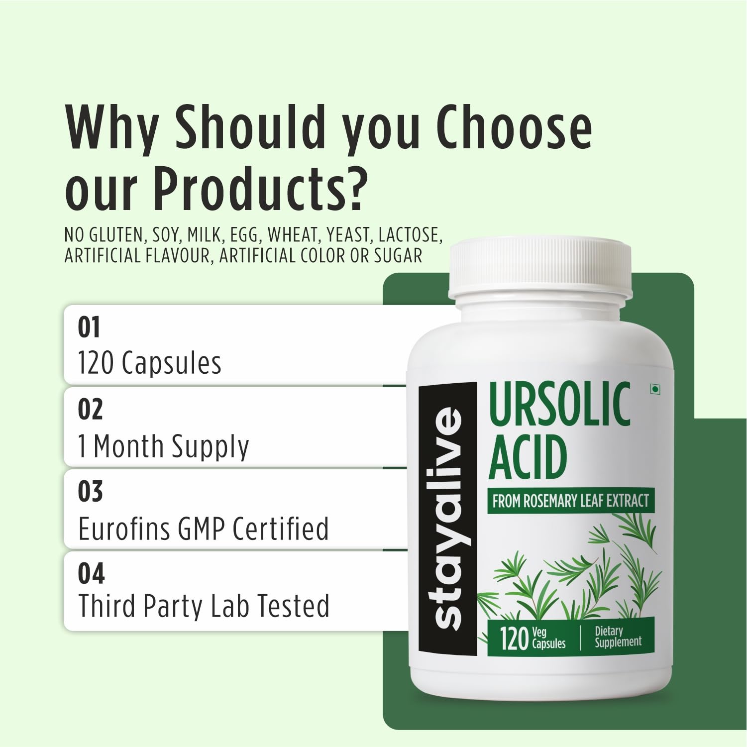 STAY ALIVE Ursolic Acid Supplement 300mg bottle with capsules on a table