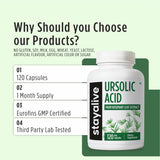 STAY ALIVE Ursolic Acid Supplement 300mg bottle with capsules on a table