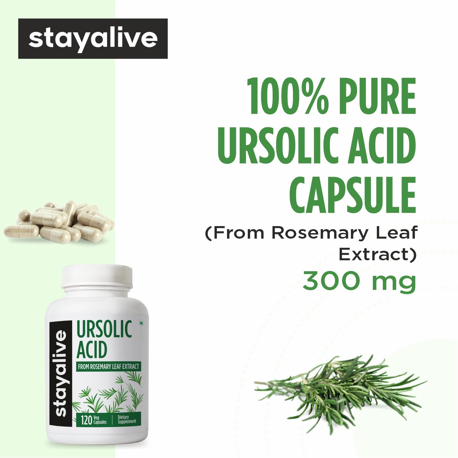 STAY ALIVE Ursolic Acid Supplement 300mg vegan capsules close-up