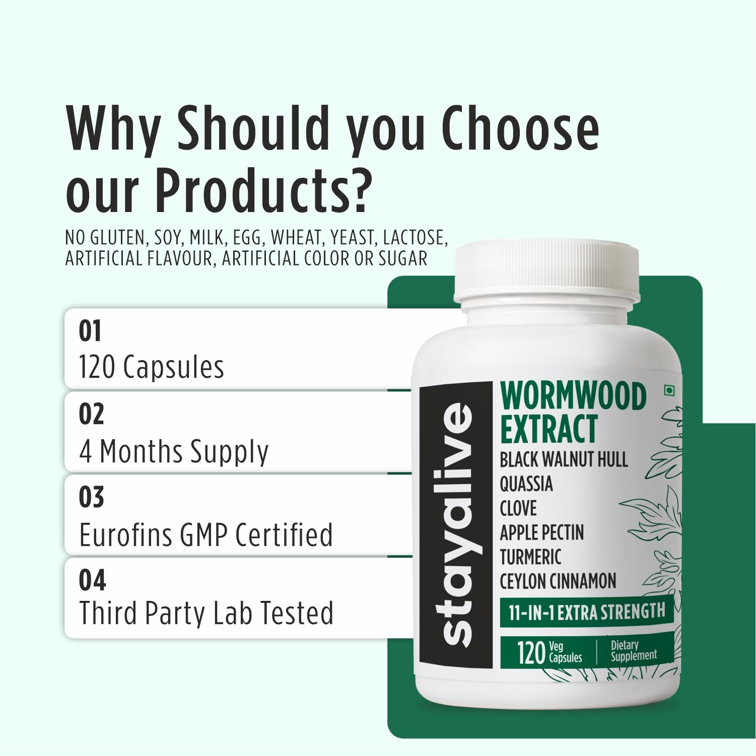 STAY ALIVE Wormwood Complex capsules on a wooden table