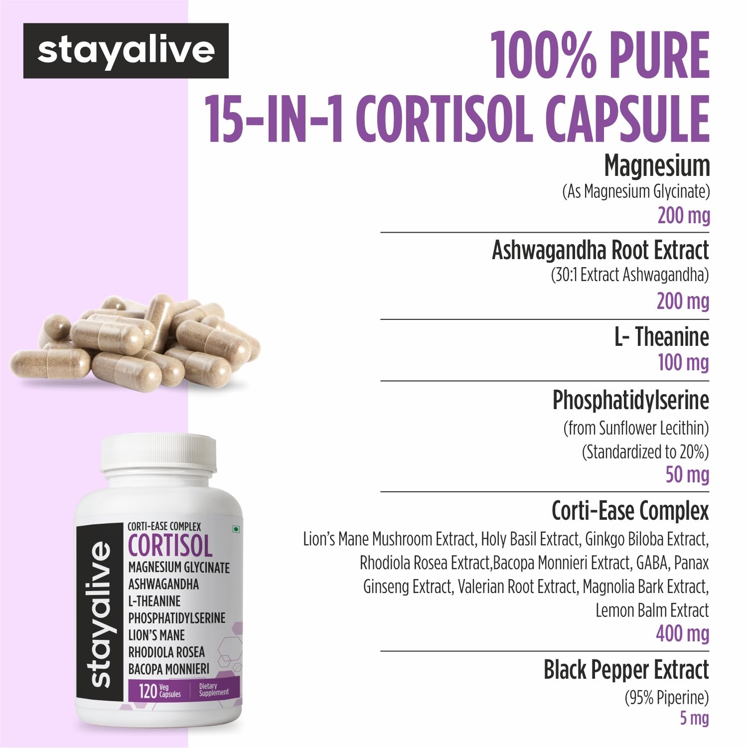 STAYALIVE Cortisol Manager Supplement capsules close-up