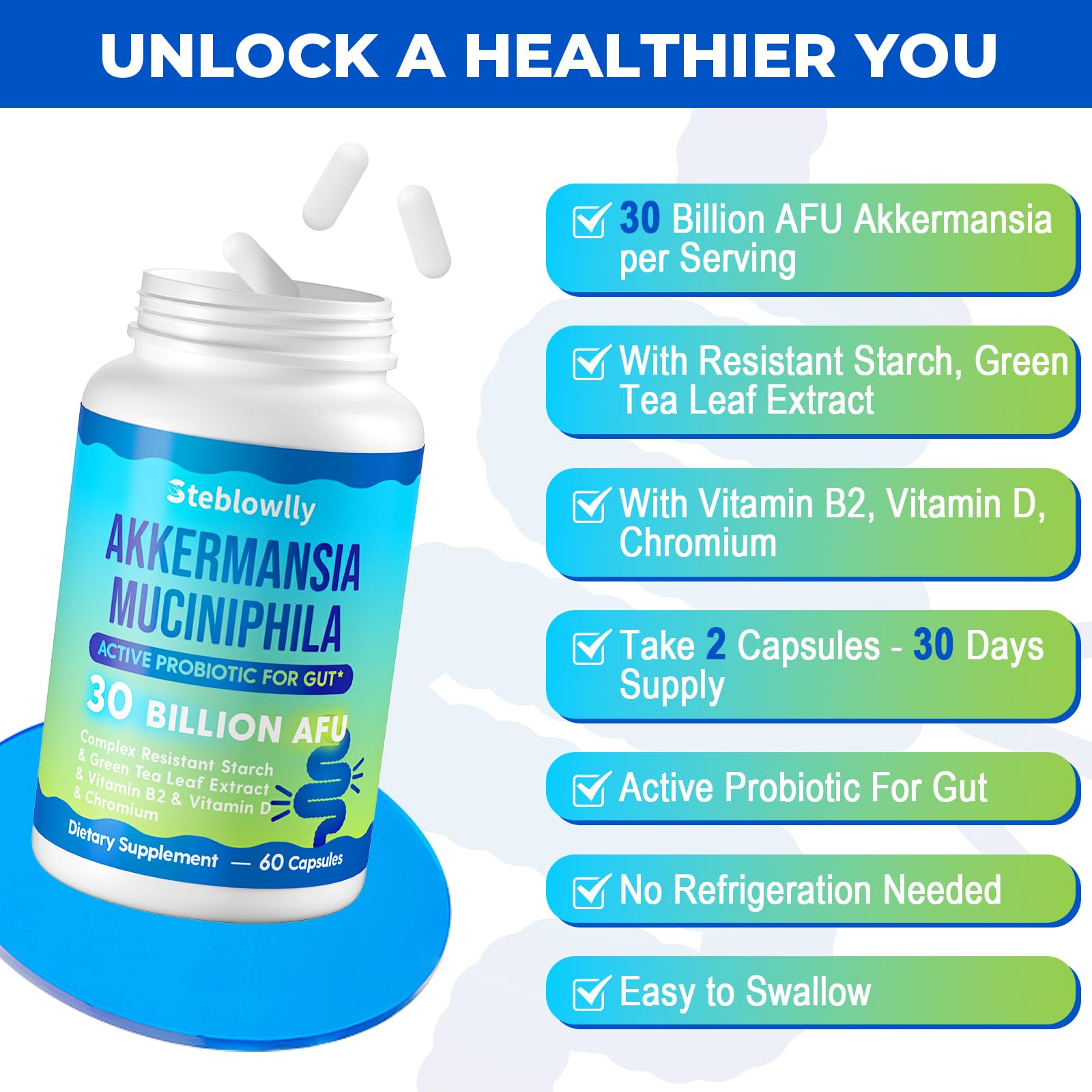Steblowlly Akkermansia Probiotic Capsules opened bottle