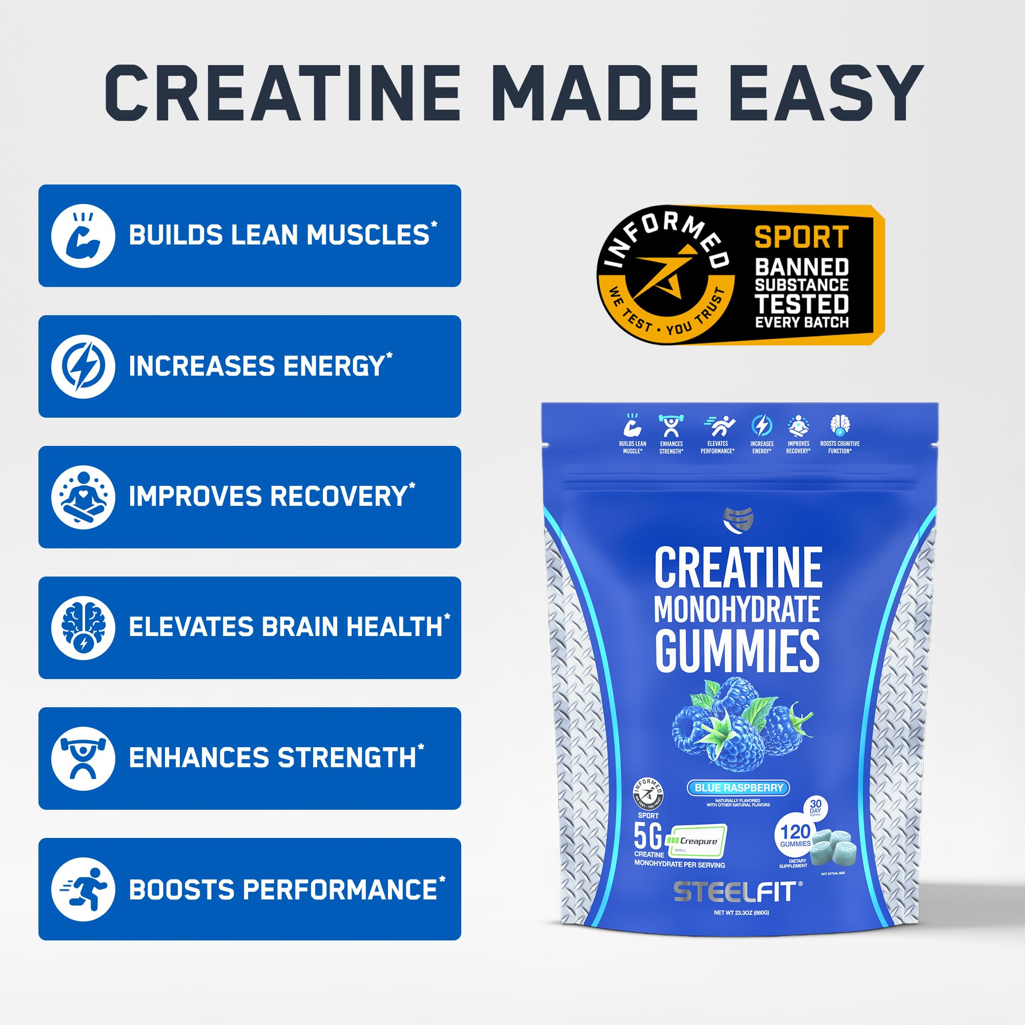 SteelFit Creatine Monohydrate Gummies Blue Raspberry side view