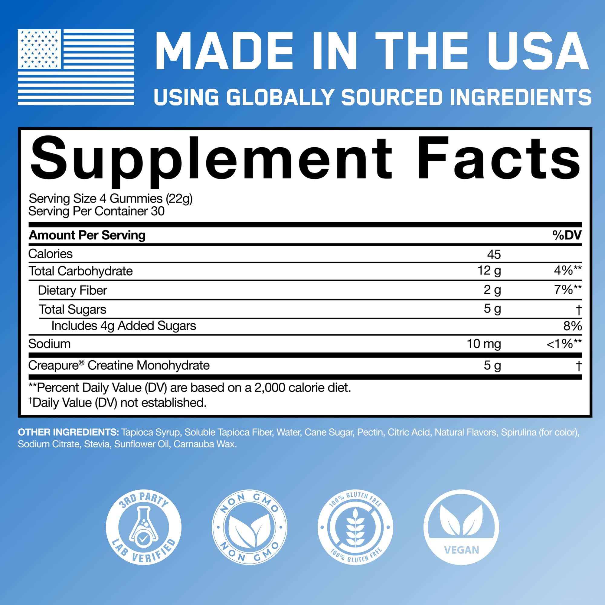 SteelFit Creatine Monohydrate Gummies Blue Raspberry with nutrition facts