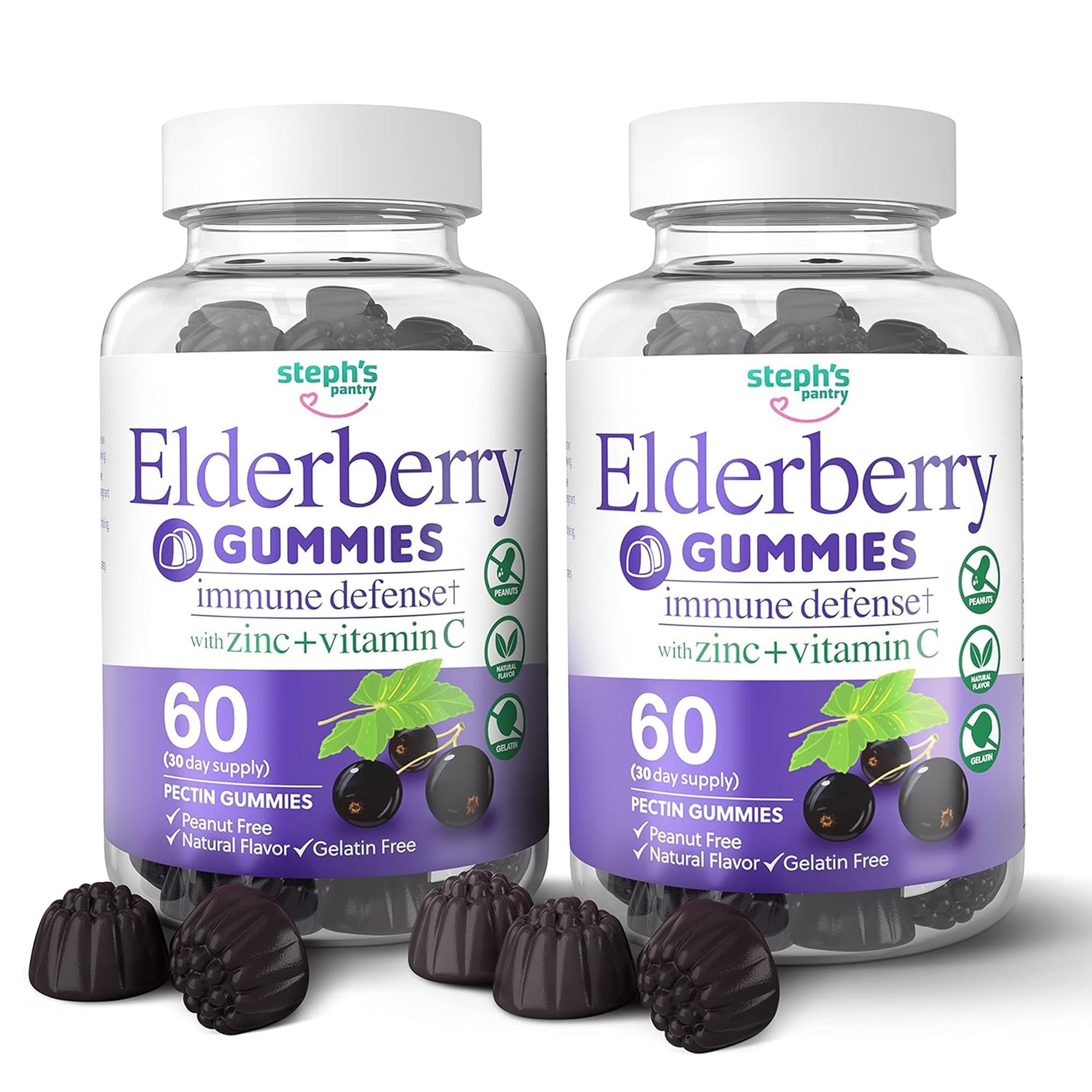 Steph's Pantry Elderberry Gummies front view with packaging