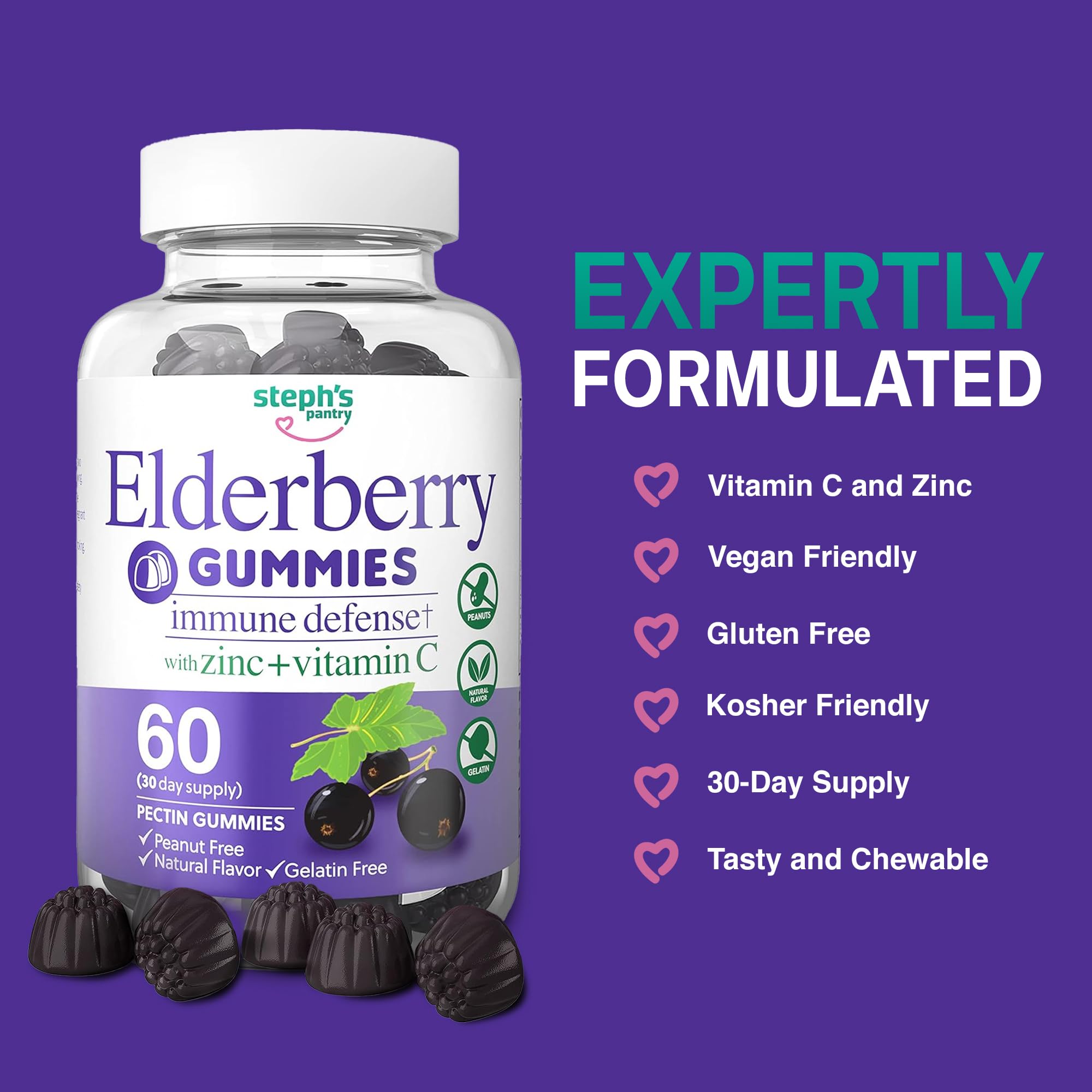 Steph's Pantry Elderberry Gummies side view with nutritional information
